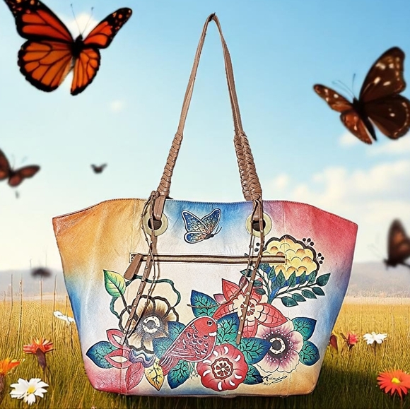 Sharif Hand Painted 1827 Birds and Flowers and Butterflies Tote Bag - Picture 4 of 16